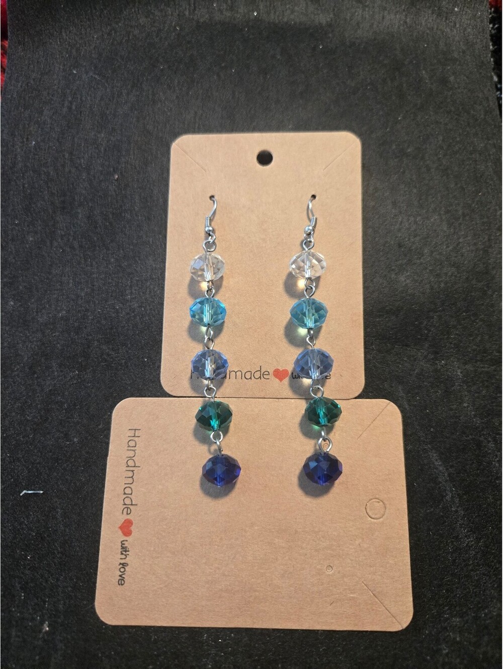 Handmade beaded dangle earrings blue green crystal